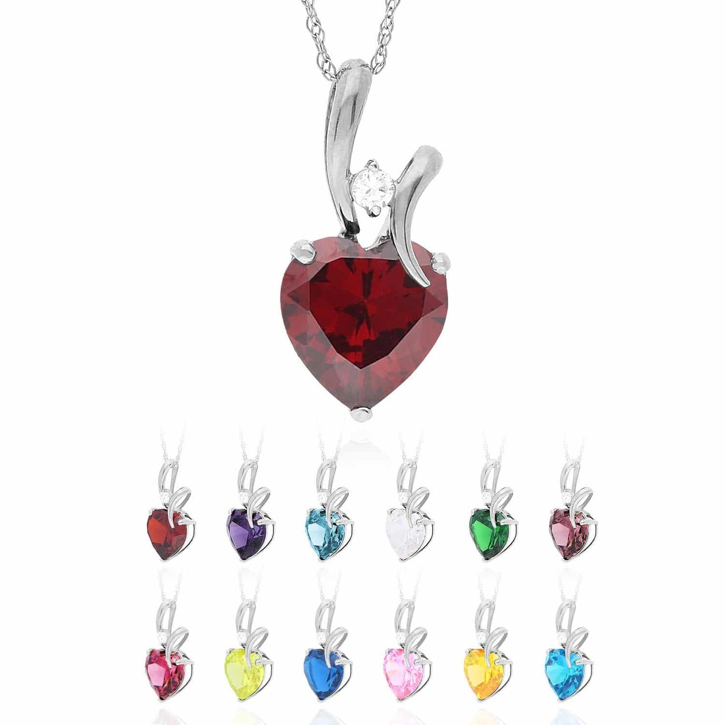 14K White Gold Cubic Zirconia And Heart Shape Birthstone Pendant w/ 18" Chain
