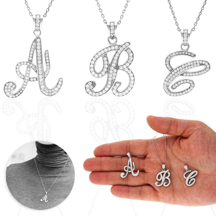 Sterling Silver Single Script Initial CZ Pendant with 18" Chain