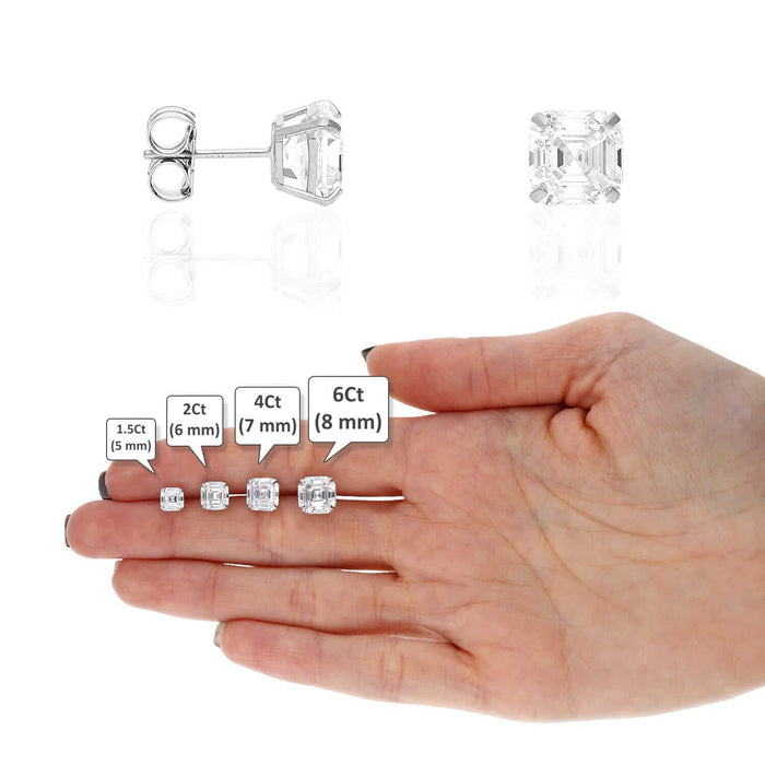 14K White Gold Asscher-Cut CZ Push Back Stud Earrings 1.5Ct-6Ct