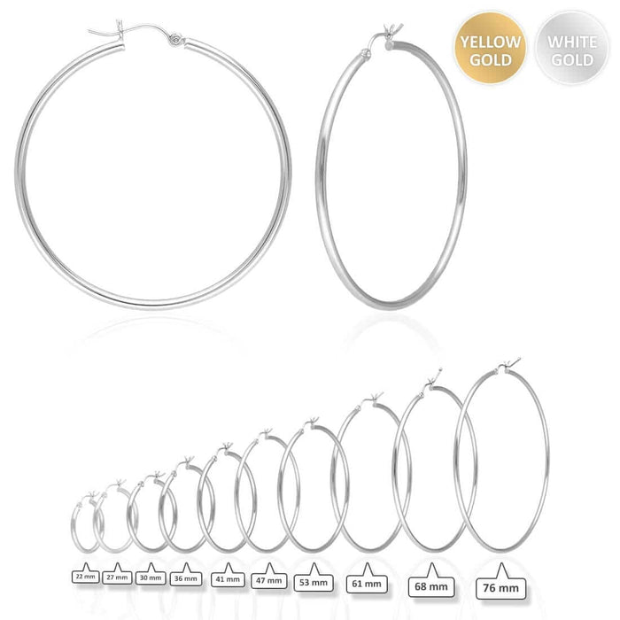 14K Yellow White Gold 2mm Round Hoop Earrings 22mm-76mm
