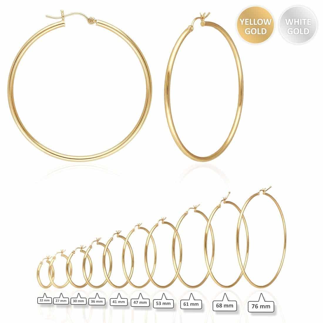 14K Yellow White Gold 2mm Round Hoop Earrings 22mm-76mm