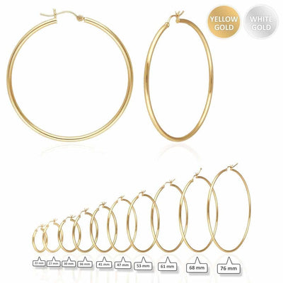 14K Yellow White Gold 2mm Round Hoop Earrings 22mm-76mm