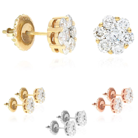 1Ct Real Diamond Flower Cluster Stud 14K Yellow White Rose Gold Earrings 7mm