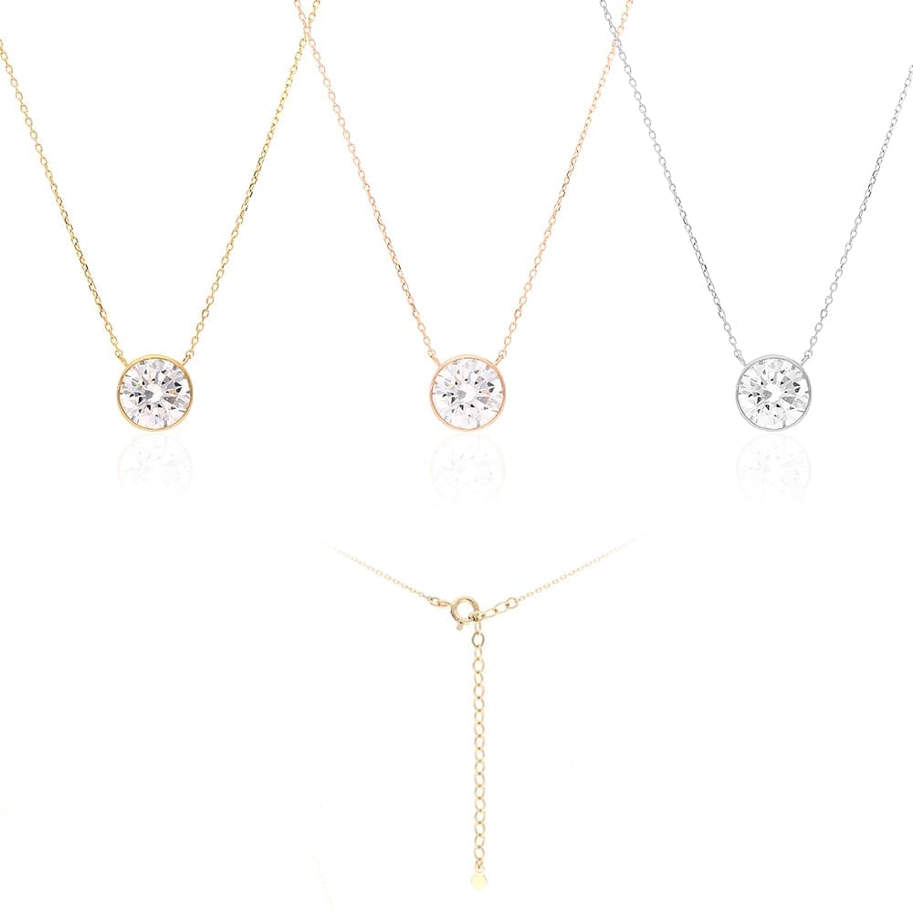 14k Gold 2CT CZ Bezel Solitaire 16"-18" Adj. Pendant Necklace