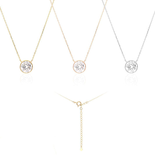 14k Gold 2CT CZ Bezel Solitaire 16"-18" Adj. Pendant Necklace