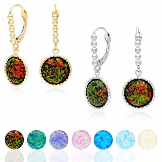 14K Real Gold Yellow, White Twisted Bezel Fire Opal Leverback Earrings 11.5mm