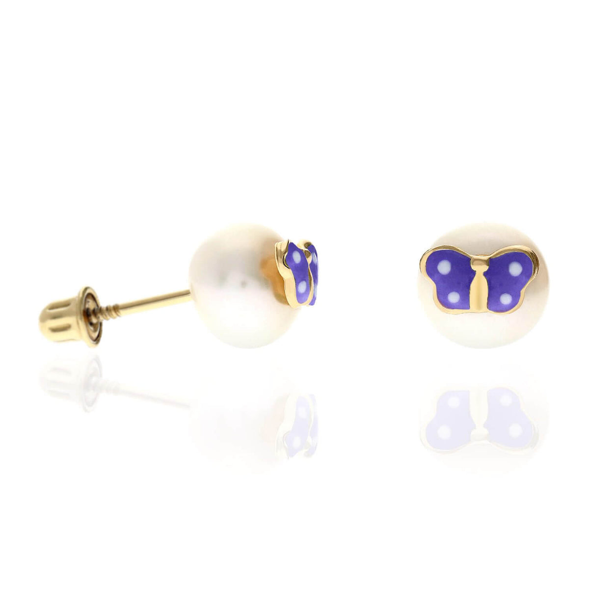 Kids 14K Yellow Gold Enameled Butterfly On White Pearl Screw Back Stud Earrings