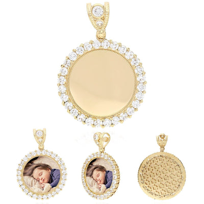 14K Yellow Gold CZ Gated Back Picture Memory Medallion Pendant