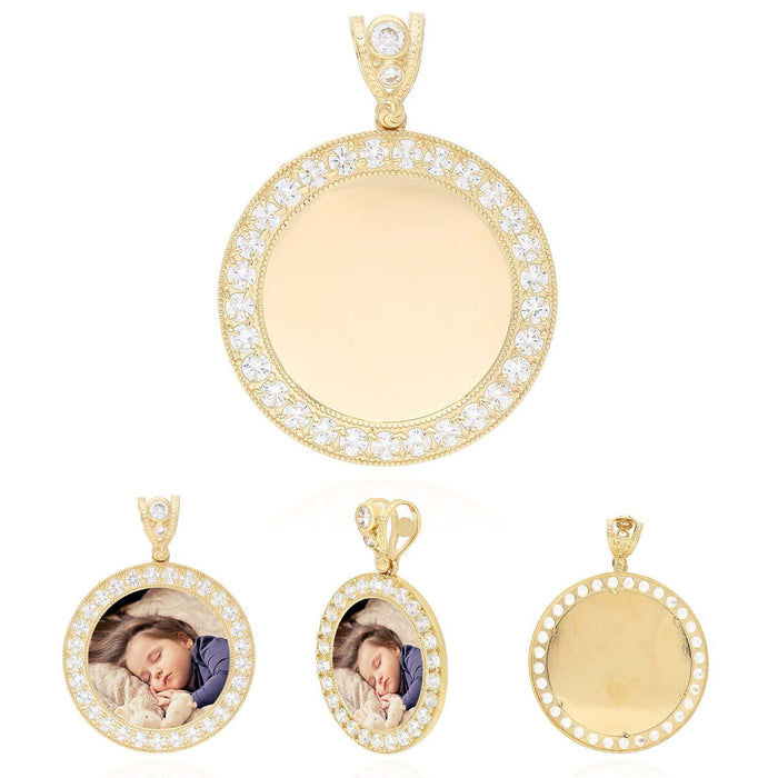 14K Yellow Gold CZ Picture Memory Frame Medallion Pendant 24-50mm