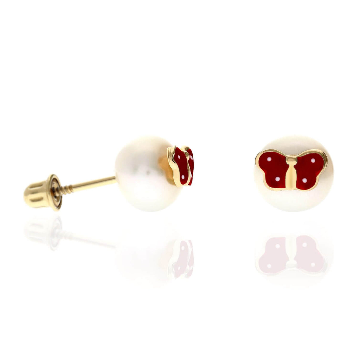 Kids 14K Yellow Gold Enameled Butterfly On White Pearl Screw Back Stud Earrings