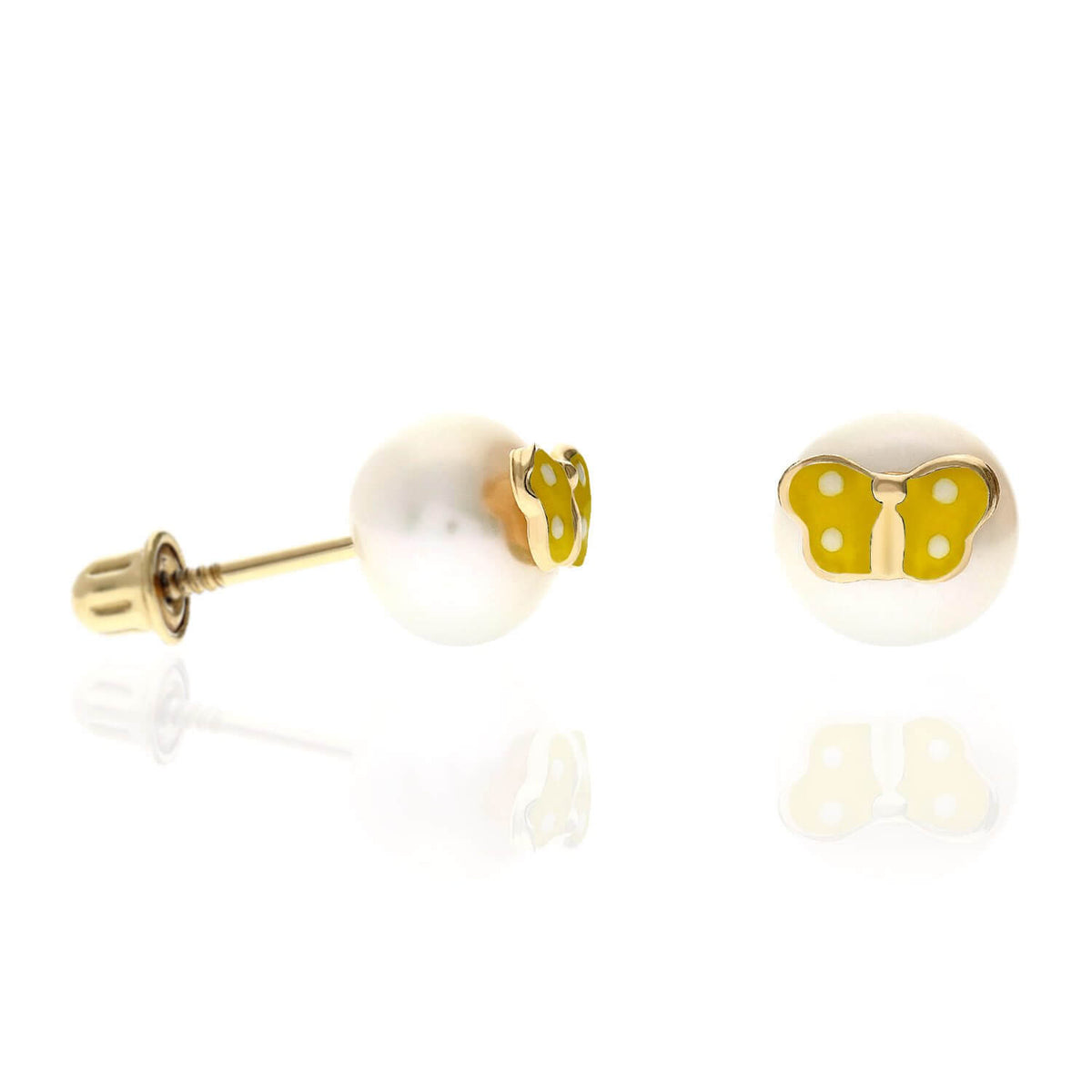 Kids 14K Yellow Gold Enameled Butterfly On White Pearl Screw Back Stud Earrings