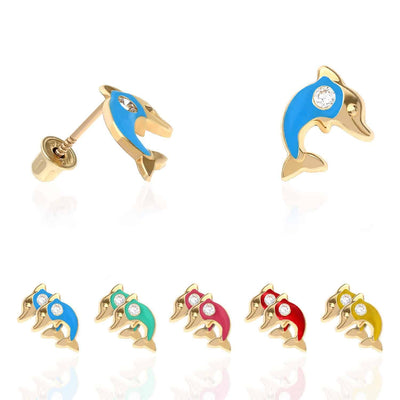 Kids 14K Yellow Gold CZ Enamel Dolphin Screw Back Stud Earrings