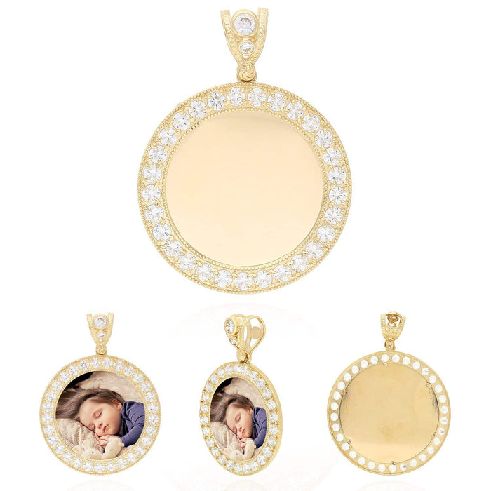 10K Yellow Gold CZ Picture Frame Medallion Pendant 24mm-50mm
