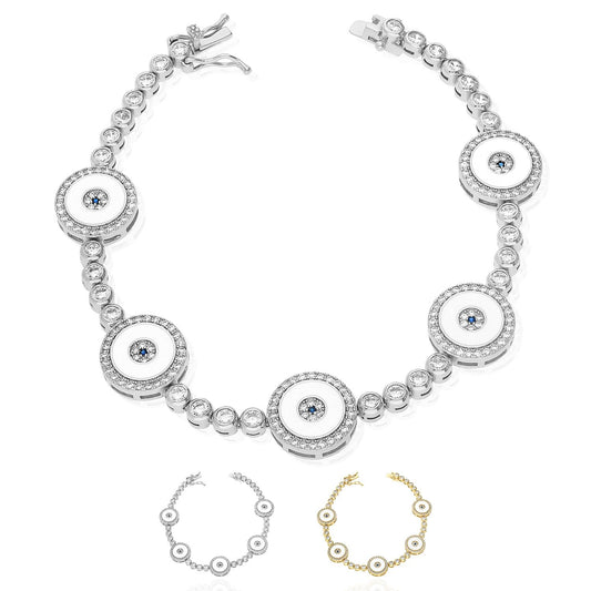 White Yellow Gold Over 925 Silver Bezel Simulated Sapphire Evil Eye Bracelet