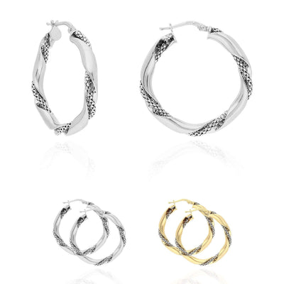 Yellow White Gold Over Sterling Silver Twisted Popcorn Shiny Hoop Earrings 33mm