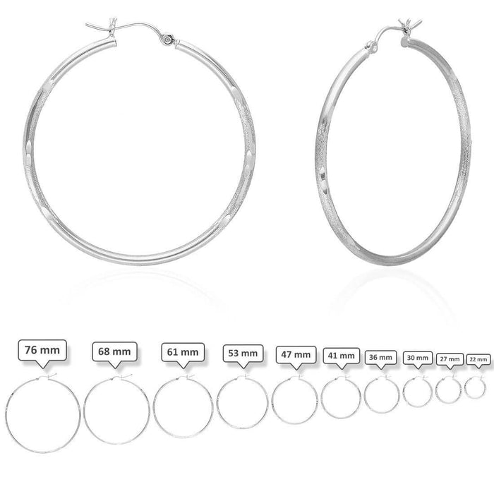 14K White Gold 2mm Diamond-Cut Round Hoop Earrings 22-76mm