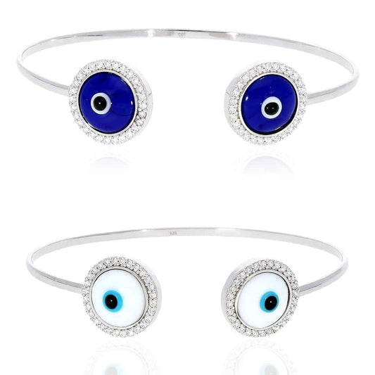 925 Sterling Silver Simulated Blue & White Enamel Evil Eye Bangle Bracelet 7"