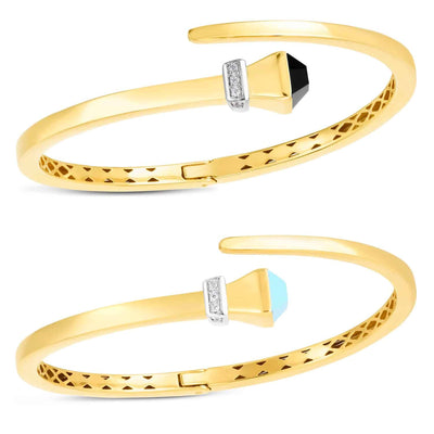Natural Diamond 14K Yellow Gold Onyx & Turquoise Wrap Hinged Bangle Bracelet (Hollow) 7.5" - WJD Exclusives