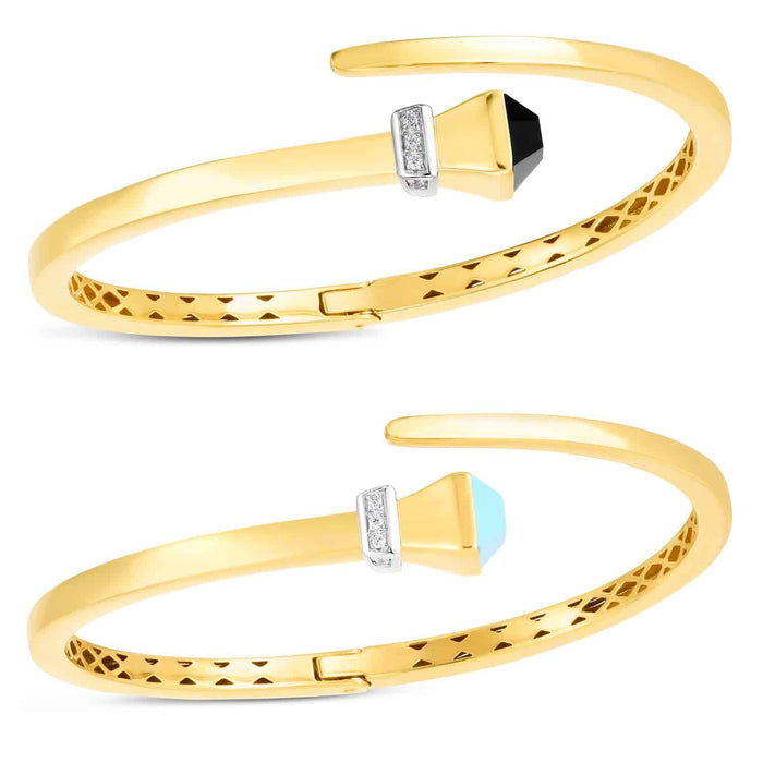 Natural Diamond 14K Yellow Gold Onyx & Turquoise Wrap Hinged Bangle Bracelet (Hollow) 7.5" - WJD Exclusives