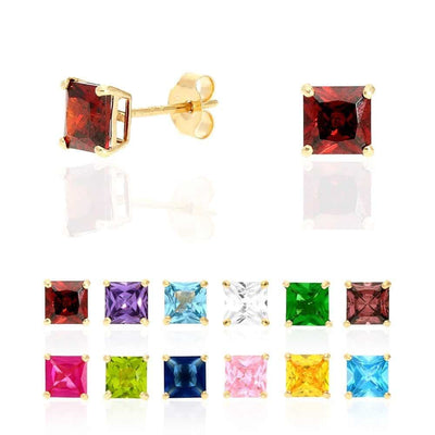14k Yellow Gold 4mm Princess Birthstone Square Stud Push Back Earrings