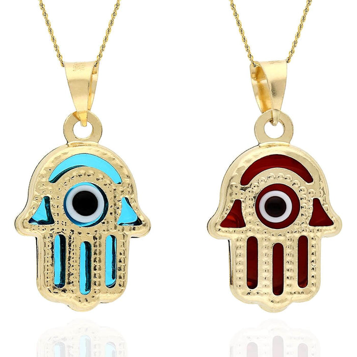 14K Yellow Gold Blue Red Evil Eye Hamsa Pendant