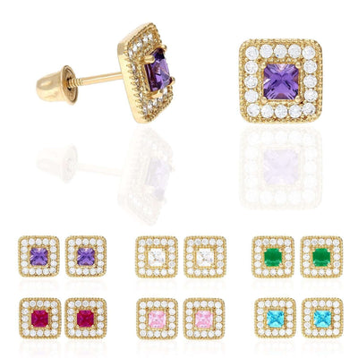 14K Yellow Gold Square Color Gemstone Screw Back Halo Stud Earrings