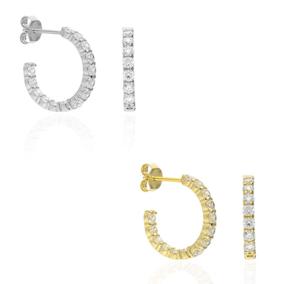 Yellow White Gold Over 925 Silver Inside Outside CZ Stud Hoop Earrings