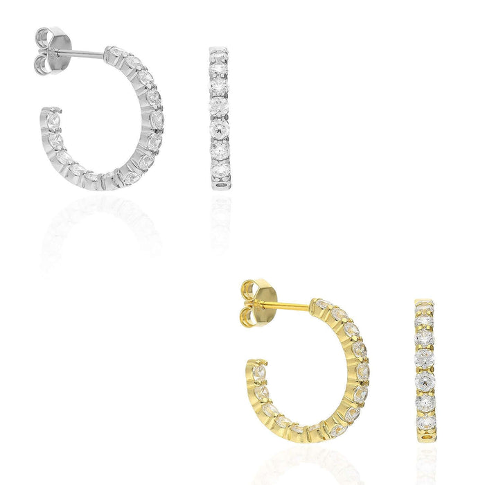 Yellow White Gold Over 925 Silver Inside Outside CZ Stud Hoop Earrings