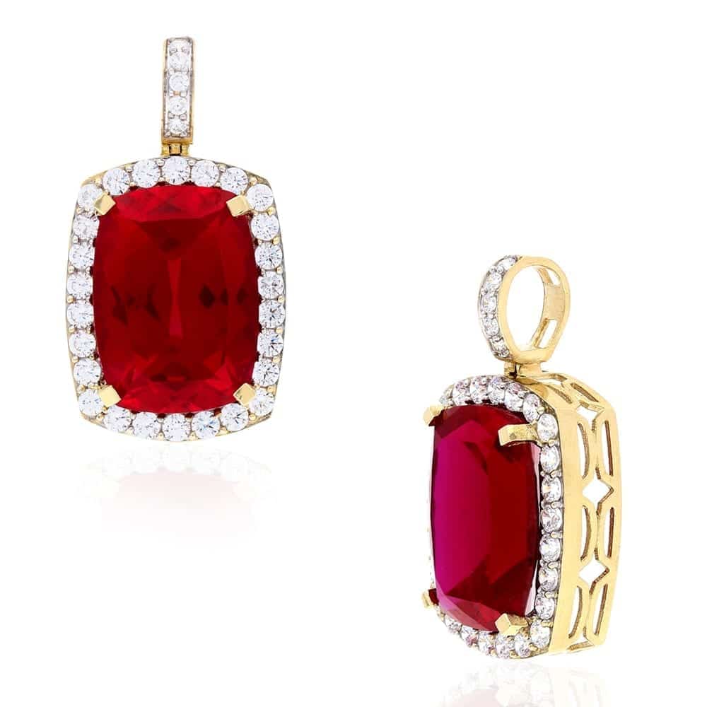 14CT Simulated Ruby Cushion-Cut Solitaire Halo 10k Yellow Gold Pendant 1.3"