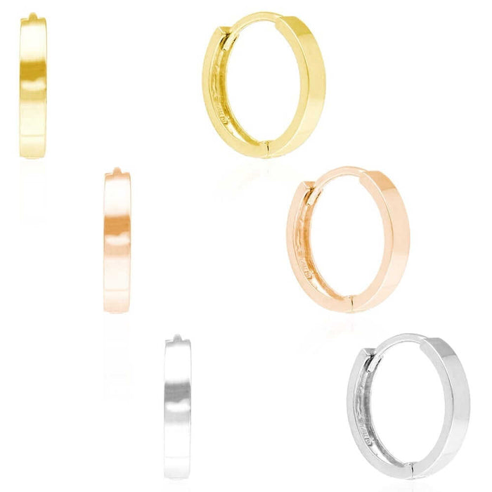 14k Gold Plain Squared Hoop Earrings 12mm Yellow Gold, Rose Gold & White Gold