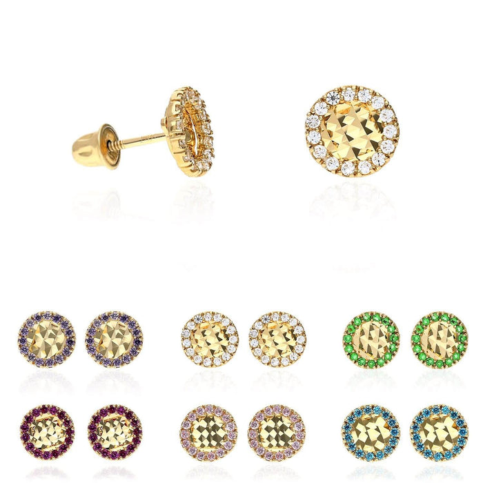 14K Yellow Gold Diamond-Cut Gemstone Round Halo 7mm Screw Back Stud Earrings