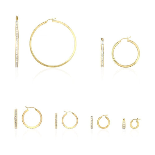 14K Yellow Gold Channel Set Princess Cut Cubic Zirconia Hoop Earrings 12mm-60mm
