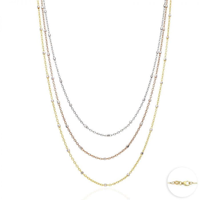 14K Yellow White Rose Gold 1.2mm Cable Saturn Beads Station Necklace (Solid Links) 16"-20"