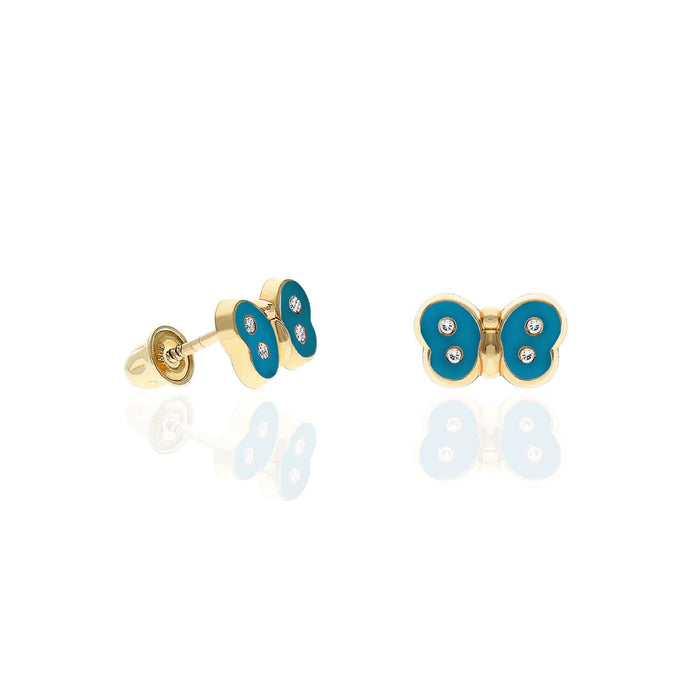 Kids 14K Yellow Gold CZ Color Enamel Butterfly Stud Earrings