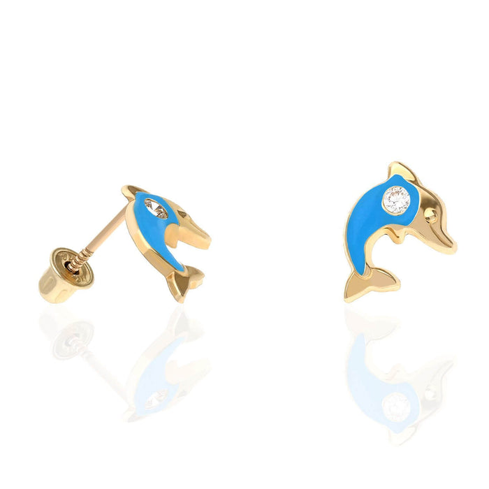 Kids 14K Yellow Gold CZ Enamel Dolphin Screw Back Stud Earrings
