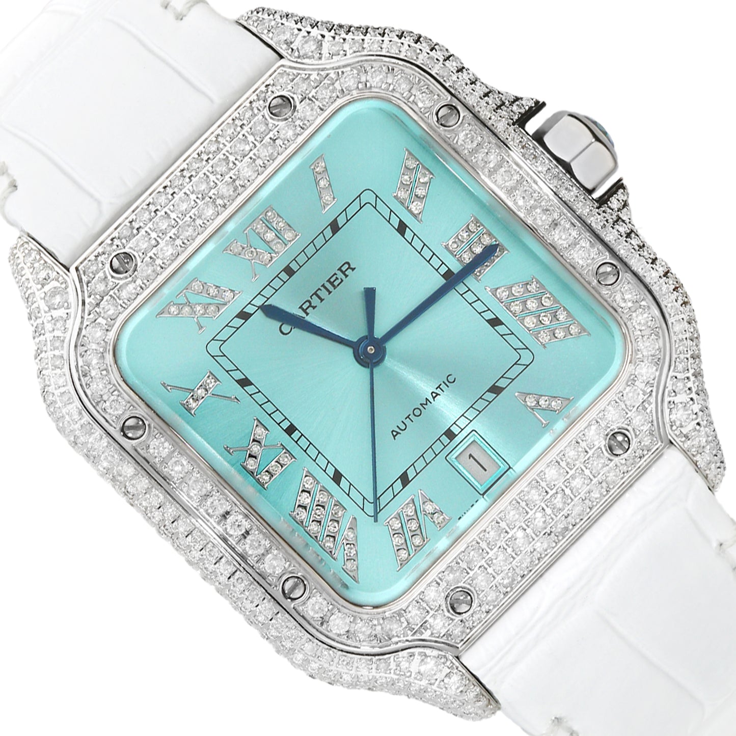NEW 5TCW Natural Diamond Cartier Santos Large 40mm Pave Roman Turquoise Dial Watch