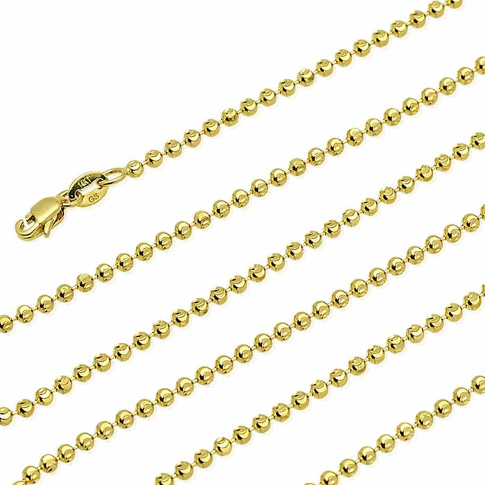 14K Yellow Gold Half Moon-Cut 2mm Bead Ball Chain (Hollow) 20"-28"