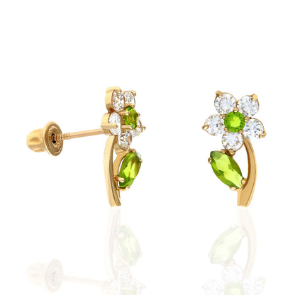 14K Yellow Gold Birthstone Flower Plant Screw Back Stud Earrings