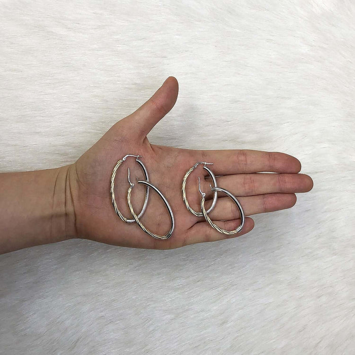 Yellow White Gold Over 925 Silver Shiny Half Twisted Oval Hoop Earrings