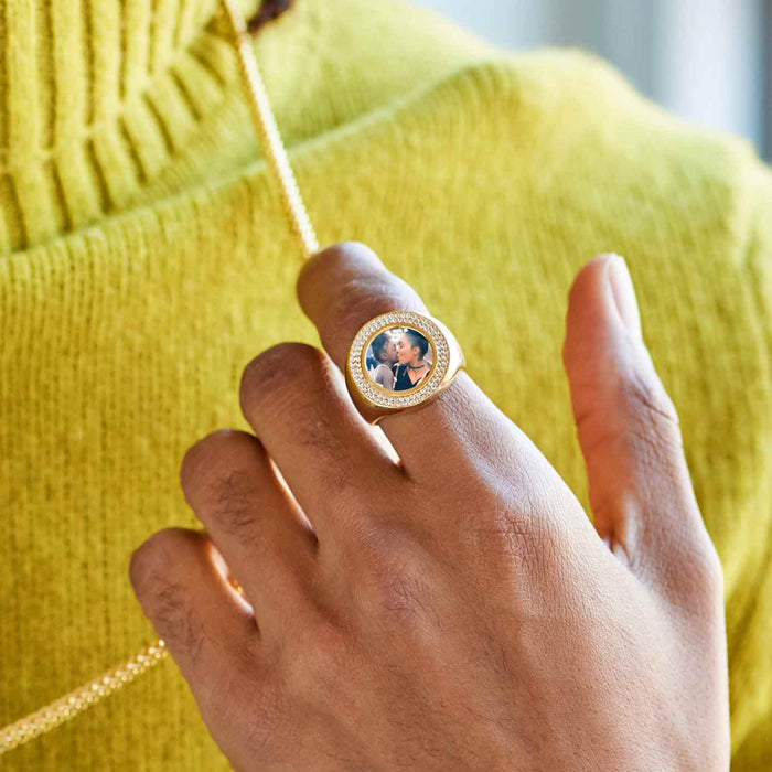 14K Yellow Gold CZ Personalized Photo Picture Memory Signet Ring