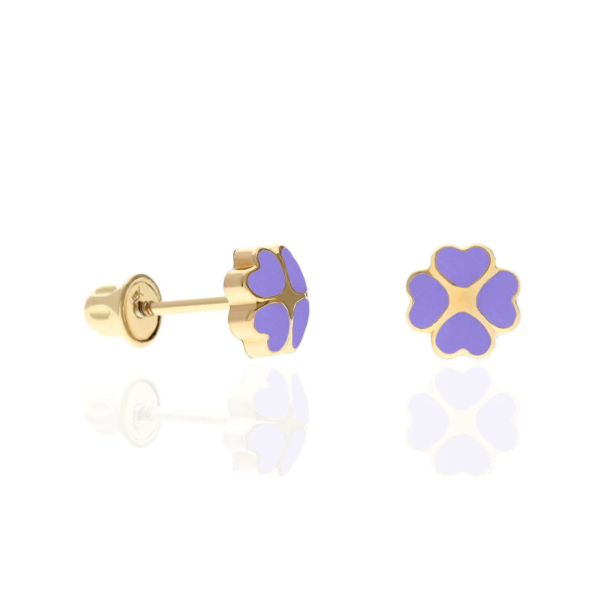 14K Yellow Gold Enameled Heart Flower Kids Earrings