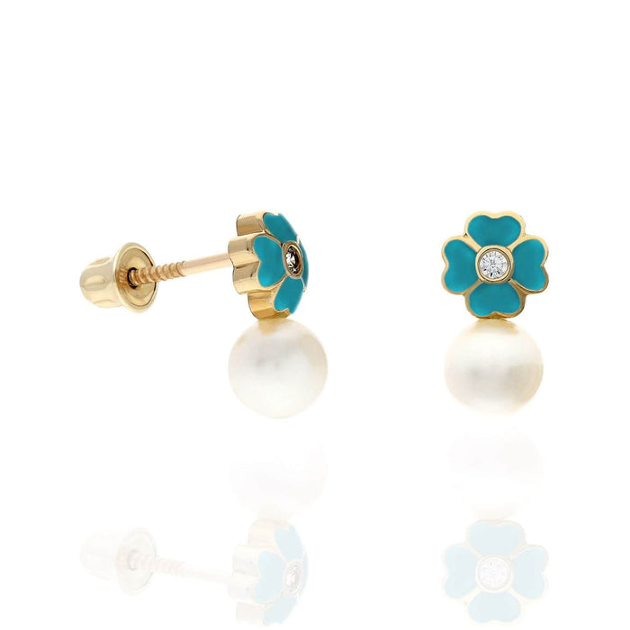 14K Yellow Gold Enameled Flower Pearl CZ Screw Back Stud Earrings