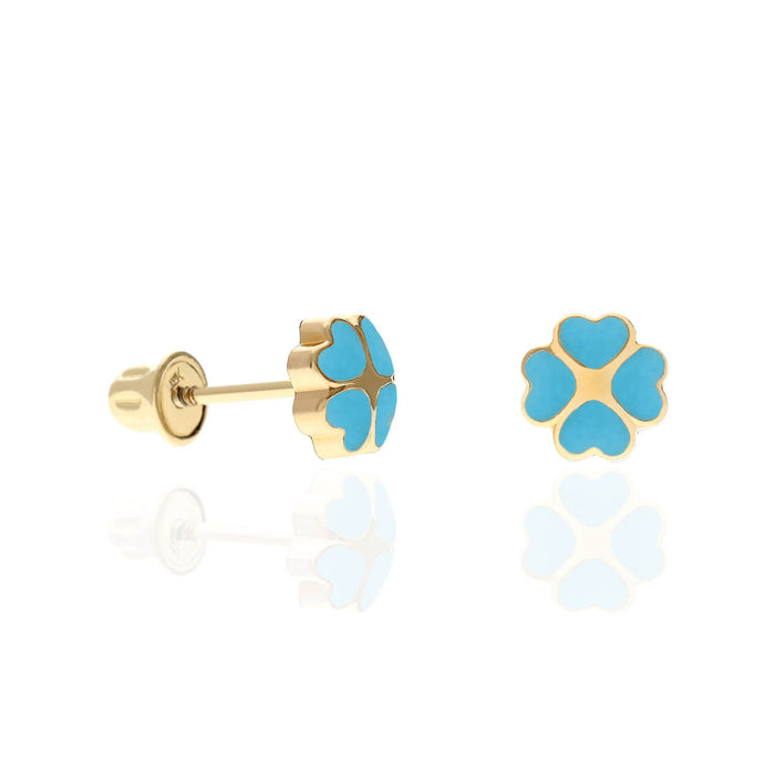 14K Yellow Gold Enameled Heart Flower Kids Earrings