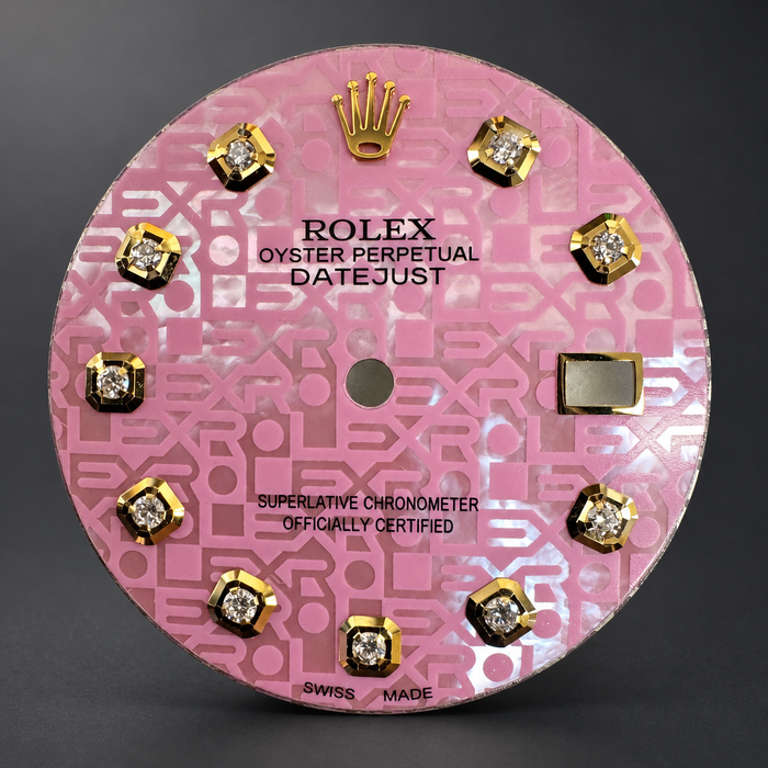 Pink mother-of-pearl diamond dial, front view