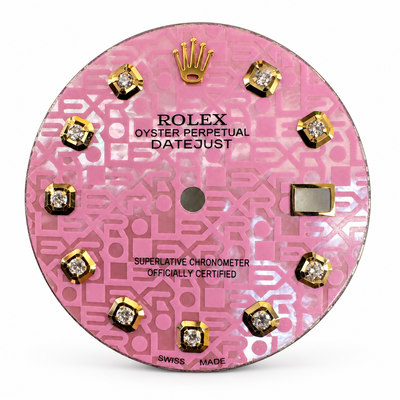 Pink mother-of-pearl diamond dial, front view