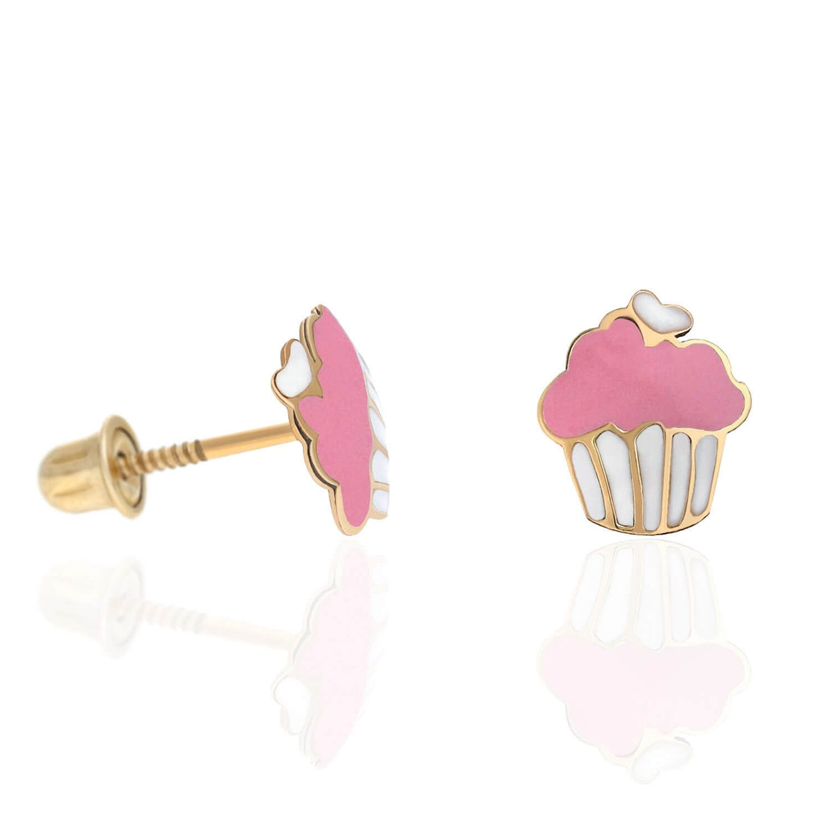 Kids 14K Yellow Gold Enameled Large Cupcake Screw Back Stud Earrings