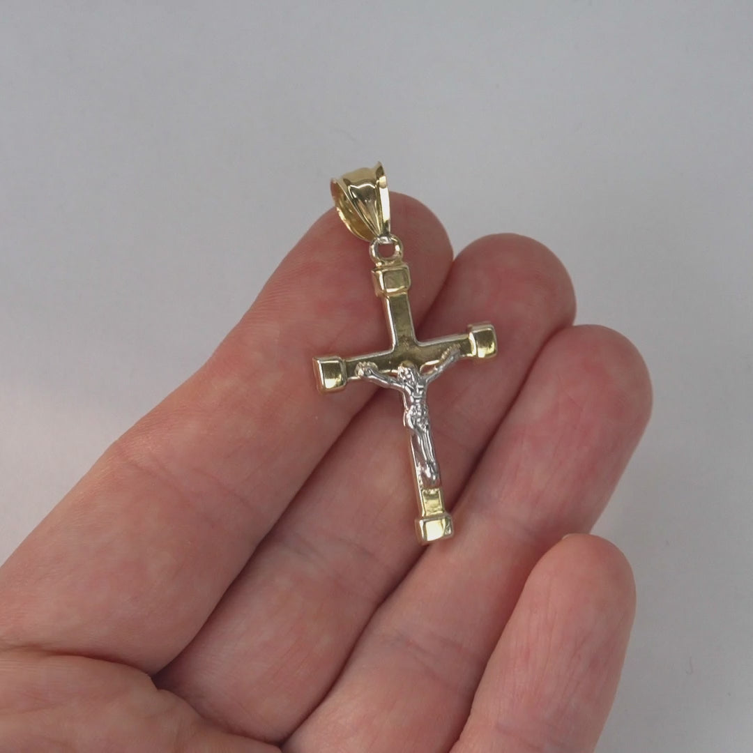 10K Gold-Filled Two-Tone Yellow White Jesus Crucifix Cross Pendant 1.7"