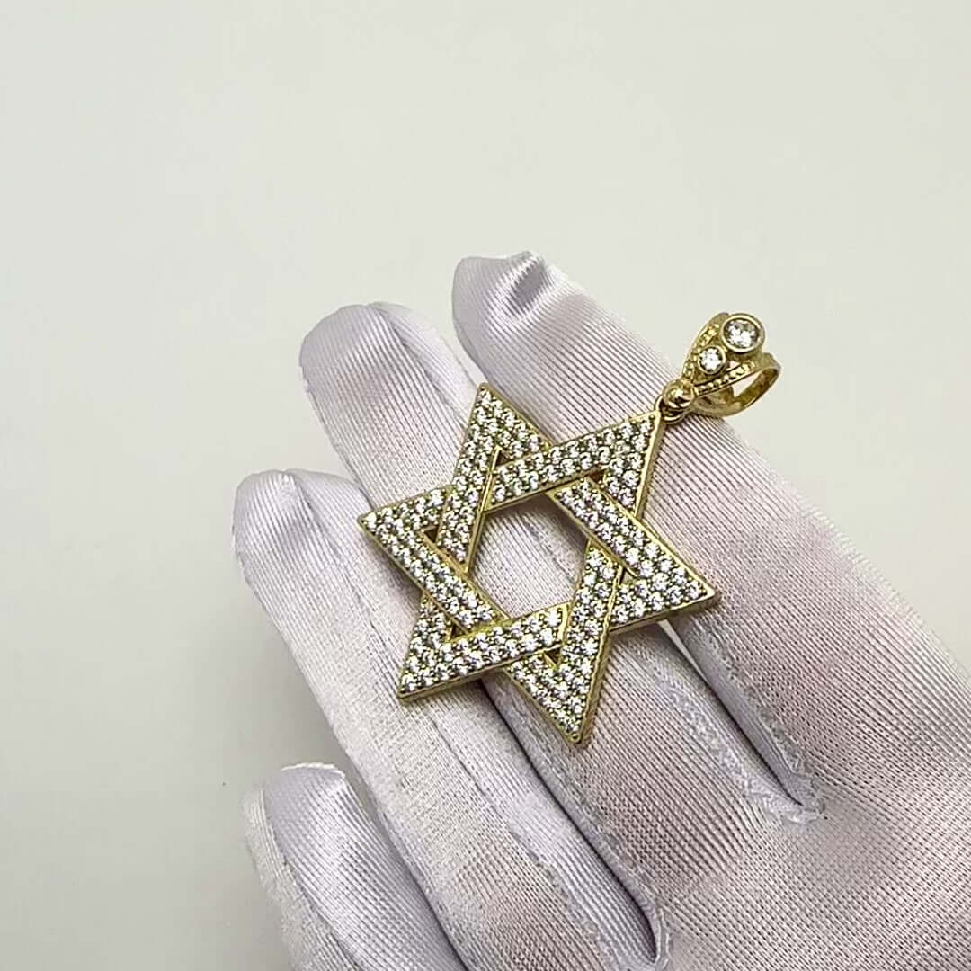 14K Yellow Gold 3.5CT CZ Star Of David Pendant 2"
