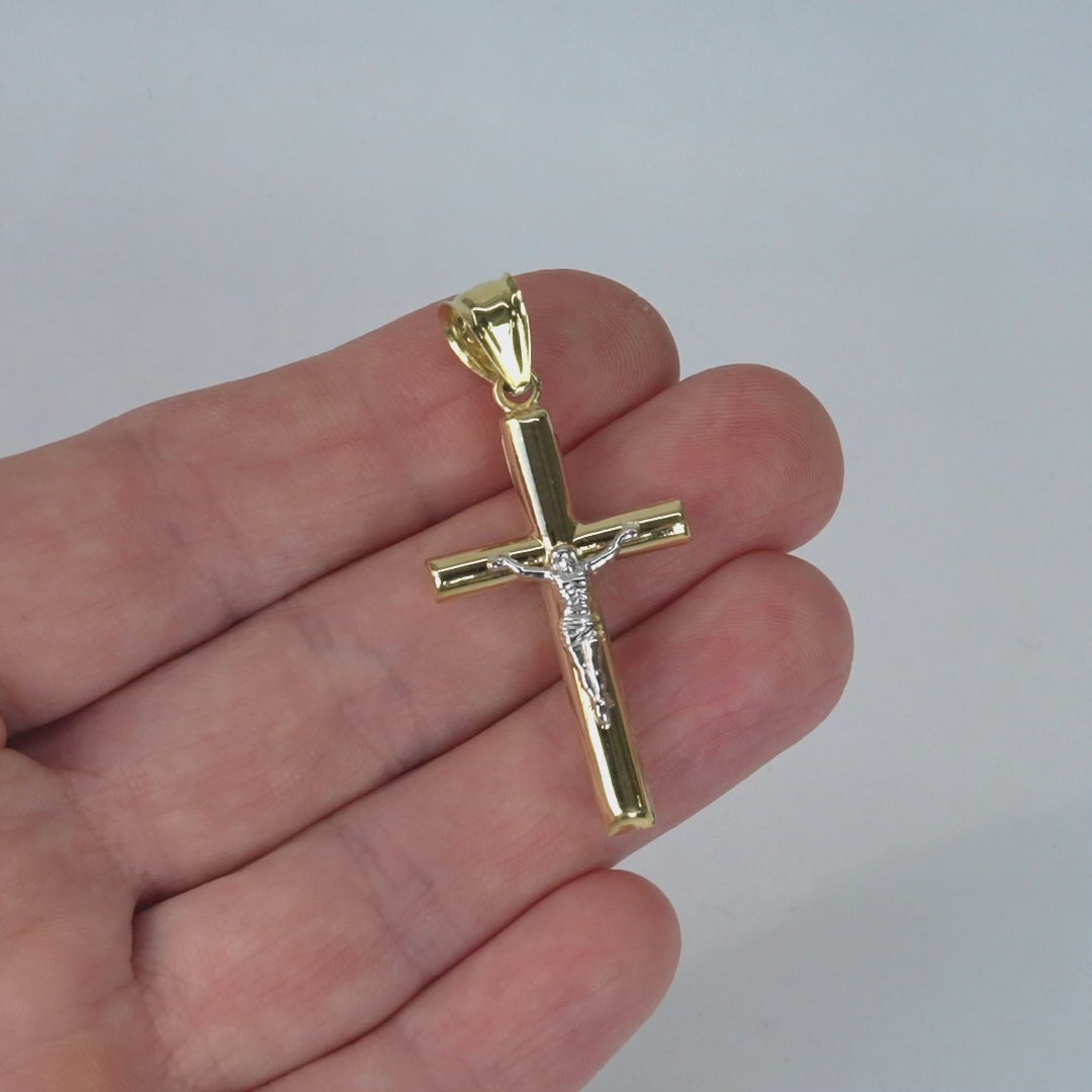 10K Gold-Filled Two-Tone Yellow White Jesus Crucifix Cross Pendant 1.7"