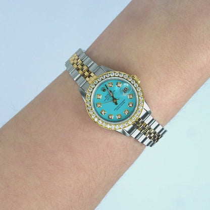 26mm Rolex Datejust 69173 Turquoise Dial Diamond Bezel Steel Women's Watch